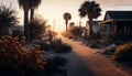 AI generated illustration of a picturesque dirt road with lush palm trees and houses lining the path