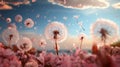 AI generated illustration of a picturesque field of dandelions basking in the warm sunlight