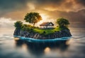 AI generated illustration of A picturesque island with a quaint house surrounded by lush trees