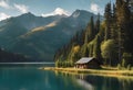 AI-generated illustration of a picturesque lakeside cabin nestled amidst majestic mountains