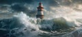 AI generated illustration of a picturesque lighthouse amidst powerful waves of the sea