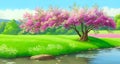 AI generated illustration of A picturesque natural landscape featuring a vibrant green river Royalty Free Stock Photo