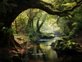 AI generated illustration of a picturesque natural landscape of a forest with trees, lush foliage