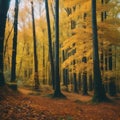 AI generated illustration of a path through a lush wooded area filled with golden autumn leaves Royalty Free Stock Photo