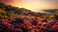 AI generated illustration of a sunrise over a tranquil ocean shoreline, with a cluster of grapes