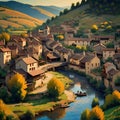 AI generated illustration of a picturesque small town in a valley with a flowing river in a painting