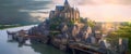 AI generated illustration of a picturesque view of a majestic castle and a stone bridge