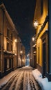 AI generated illustration of a picturesque view of a winter alleyway, illuminated by street lamps Royalty Free Stock Photo