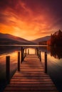 AI generated illustration of a picturesque wooden pier extending out over a serene lake Royalty Free Stock Photo