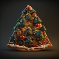 AI generated illustration of a piece of Christmas pizza on a dark background