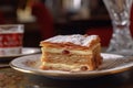 AI generated illustration of a piece of napoleon cake on a white plate Royalty Free Stock Photo