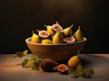 AI generated illustration of a pile of fresh, ripe figs in a ceramic bowl