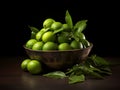 AI generated illustration of a pile of fresh, ripe limes in a ceramic bowl