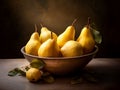 AI generated illustration of a pile of fresh, ripe pears in a ceramic bowl