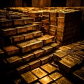 AI generated illustration of A pile of gold bullion sits within an abandoned room