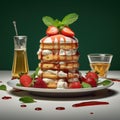 AI generated illustration of a pile of pancakes with cream and strawberries Royalty Free Stock Photo