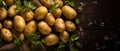 AI-generated illustration of a pile of potatoes on a dark brown wooden table