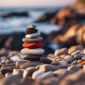 AI generated illustration of A pile of rocks sits atop a rocky outcrop beside a body of water Royalty Free Stock Photo