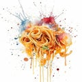 AI generated illustration of a pile of spaghetti noodles splattered with vibrant colored paint