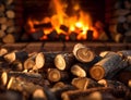 Wooden logs in front of a wood-burning fireplace. AI generated Royalty Free Stock Photo