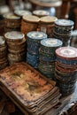 stacks of poker chips sitting on top of an old wooden table Royalty Free Stock Photo