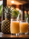 AI generated illustration of pineapple agua frescas on a white wooden table