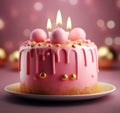 AI generated illustration of a pink birthday cake with lit candles and festive decorations Royalty Free Stock Photo