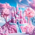 AI generated illustration of a pink candy castle surrounded by lush trees