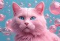 AI generated illustration of a pink cat with blue eyes against pink bubbles Royalty Free Stock Photo