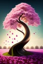 AI generated illustration of a pink cherry blossom tree in a lush pink field Royalty Free Stock Photo