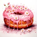 AI generated illustration of a pink doughnut decorated with floral accents on a white background