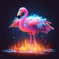 AI generated illustration of a pink flamingo with bright and fiery flames licking up around feathers