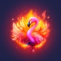 AI generated illustration of a pink flamingo with bright and fiery flames licking up around feathers