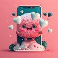 AI-generated illustration of a pink fluffy toy with heart balloons against a phone, pink background Royalty Free Stock Photo