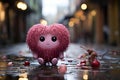 AI generated illustration of a pink heart-shaped animal plush toy sitting on the city street