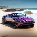 AI generated illustration of a pink modern car on the beach with a blue sky in the background