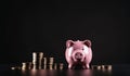 AI generated illustration of a pink piggy bank with coins stacked neatly against a dark background Royalty Free Stock Photo