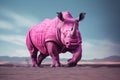 AI generated illustration of a pink rhinoceros stands majestically atop a dusty desert terrain