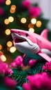 AI-generated illustration of a pink shark resting on a bright green plant with its tail curled up