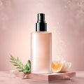 AI generated illustration of a pink spray bottle with green leaves on the pink backdrop Royalty Free Stock Photo