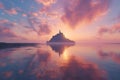 AI generated illustration of a pink sunrise over tiny island in water