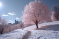 a pink tree stands in a white field surrounded by snow