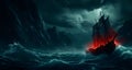 AI generated illustration of a pirate ship sails in the ocean at night near a lighthouse Royalty Free Stock Photo