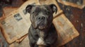 AI-generated illustration of a pitbull dog sitting on newspapers making eye contact with the camera Royalty Free Stock Photo