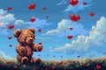 AI generated illustration of a pixel art of a teddy bear with heart-shaped balloons Royalty Free Stock Photo