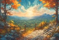 AI generated illustration of a pixelated view
of a vibrant sky over woodland stairs and rocks Royalty Free Stock Photo