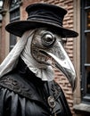 AI-generated illustration of a plague doctor wearing a silver mask