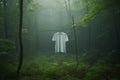 AI generated illustration of a plain white shirt hanging in a green forest Royalty Free Stock Photo