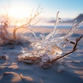 AI generated illustration of plants covered with ice on the sandy beach