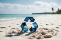 AI generated illustration of Plastic trash bins placed on a sandy beach Royalty Free Stock Photo